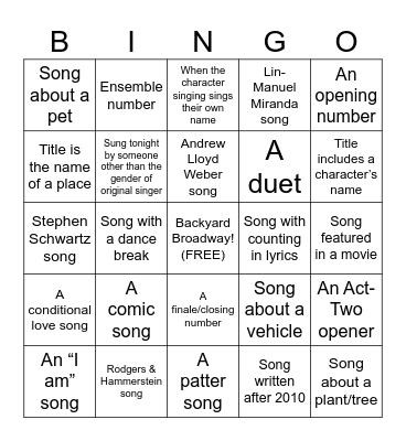 Show Tunes Karaoke Bingo Card