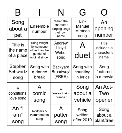 Show Tunes Karaoke Bingo Card