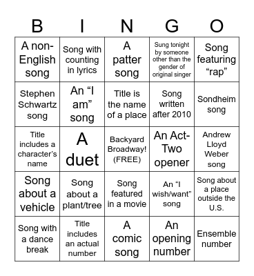 Show Tune Karaoke Bingo Card