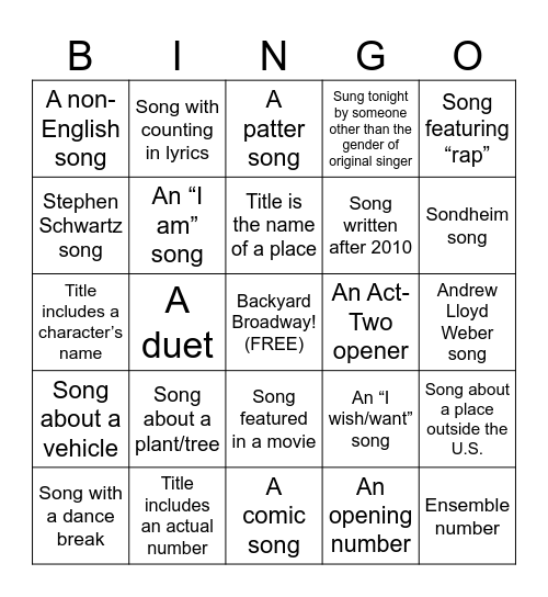 Show Tune Karaoke Bingo Card