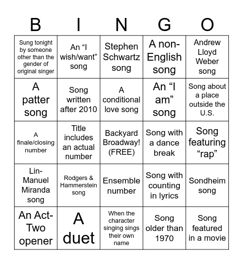 Show Tunes Karaoke Bingo Card