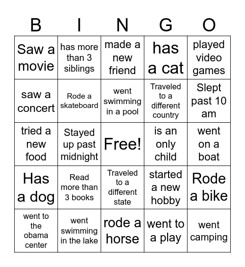 Back to School Bingo Card