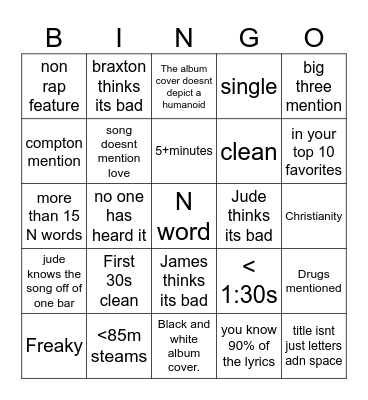Rap Bingo Card