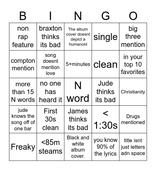 Rap Bingo Card