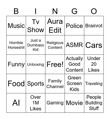 Youtube Shorts Bingo Card