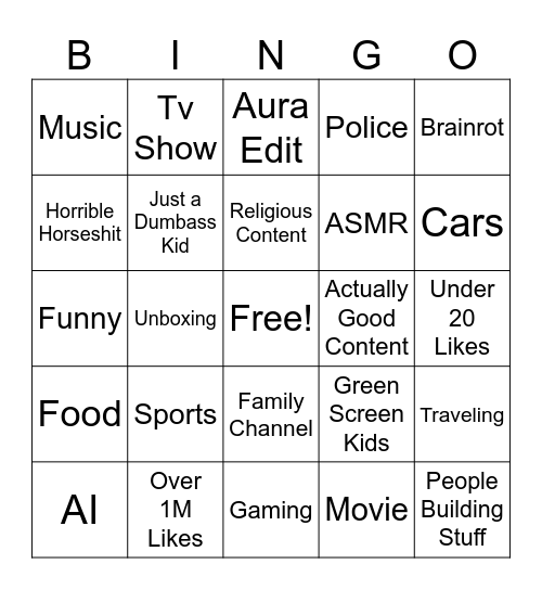 Youtube Shorts Bingo Card