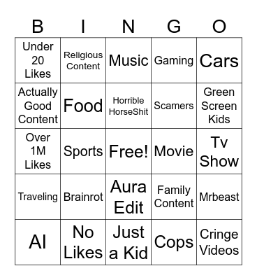 YT Shorts Bingo Card