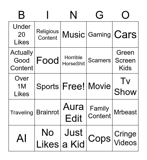 YT Shorts Bingo Card