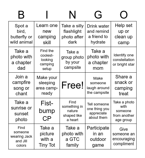 GTC Blackout Bingo Camp Scavenger Hunt Bingo Card