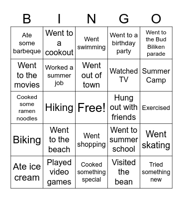 What did you do over the Summer? Bingo Card