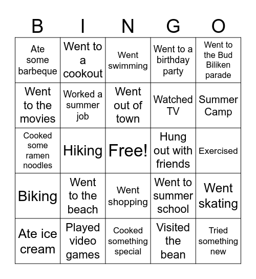 What did you do over the Summer? Bingo Card