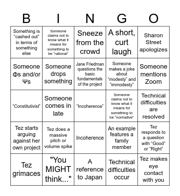 Tez's Dissertation Defense Bingo Card