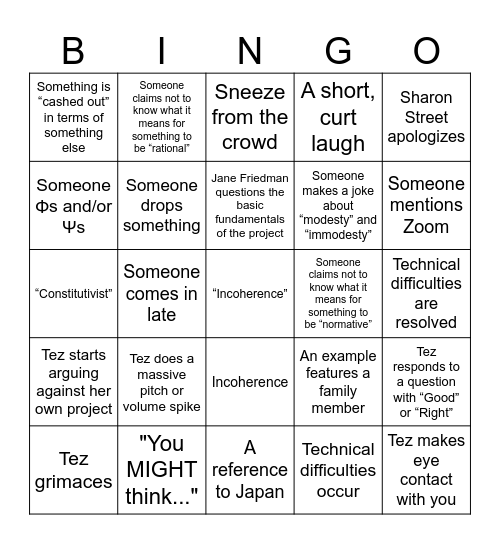 Tez's Dissertation Defense Bingo Card