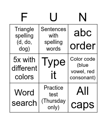 Spelling Bingo Card