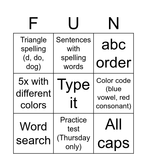 Spelling Bingo Card