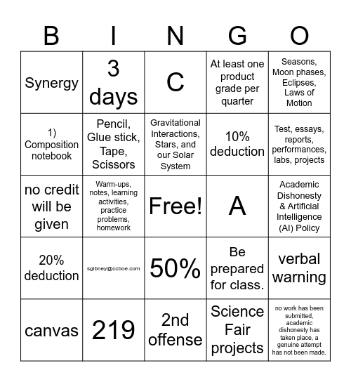 Syllabus Bingo Card