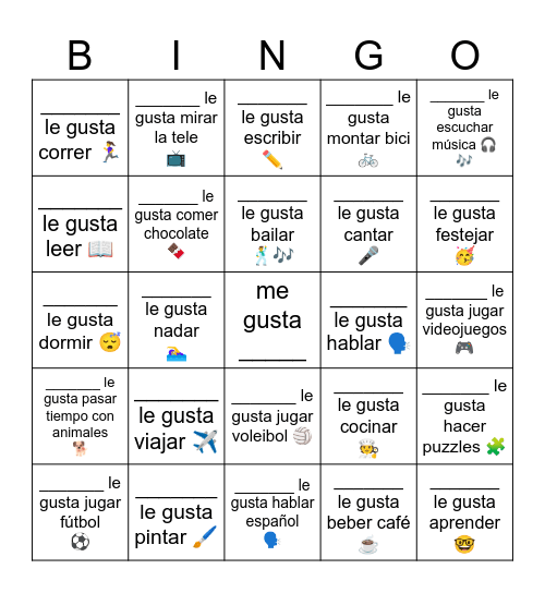 Que te gusta hacer Bingo Card