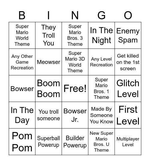 Super Mario Maker 2 Bingo Card