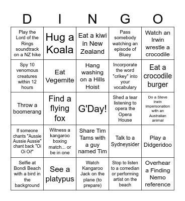 Matt's Adventures Down Under! Bingo Card