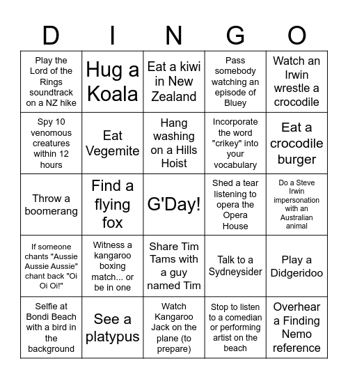 Matt's Adventures Down Under! Bingo Card