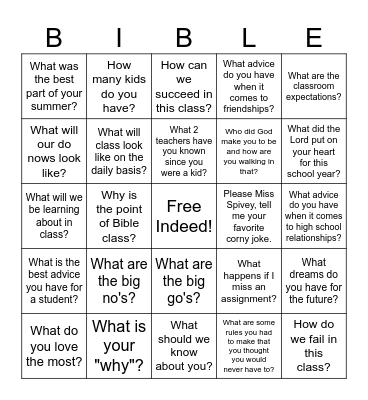 Begining Bible Class Bingo Card