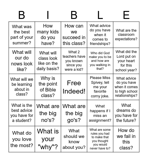 Begining Bible Class Bingo Card