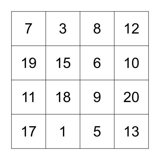 NumberBingo Card