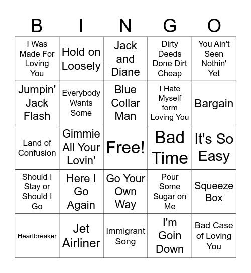 Old School Rock Mix 1 Bingo Card