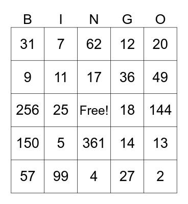 Carrés parfaits et racines carrés Bingo Card
