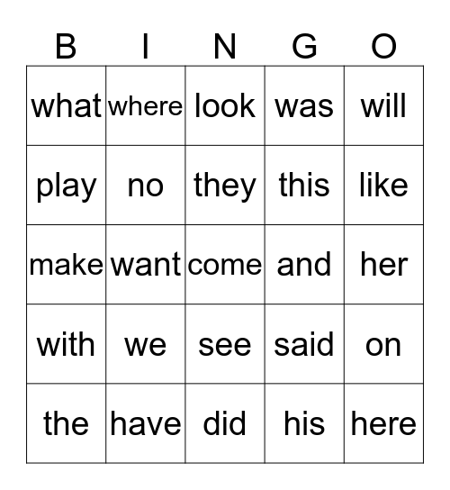 Sight Words Bingo Card