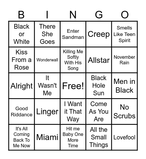 90's Hits Bingo Card