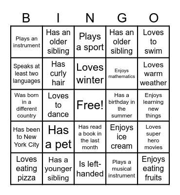Getting To Know Each Other Bingo Card