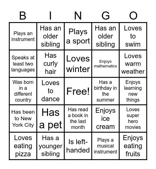 Getting To Know Each Other Bingo Card