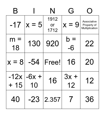 Math 9 Bingo Card