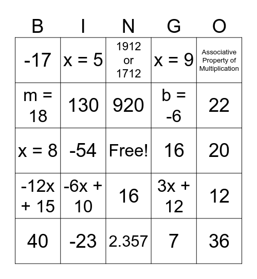 Math 9 Bingo Card