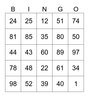 Maths Bingo Card