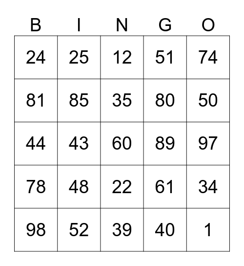Maths Bingo Card
