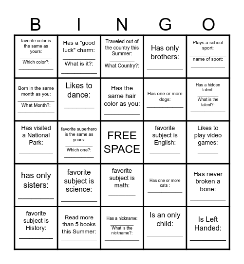 Getting to Know You Bingo Card