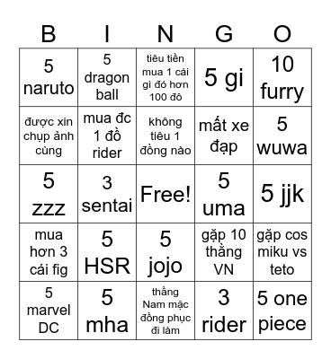 Animaga Bingo Card