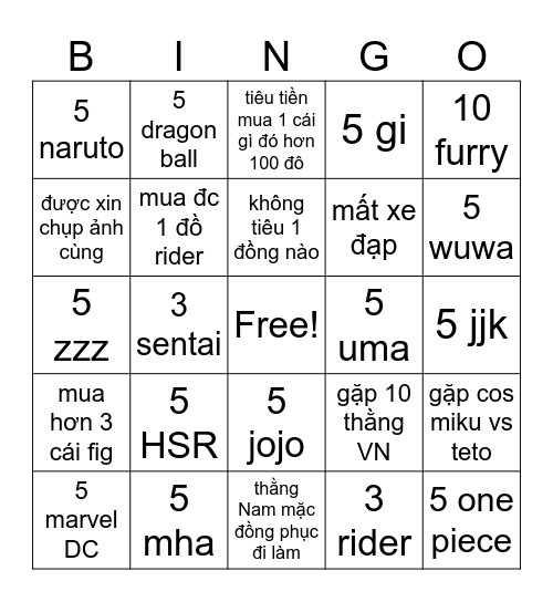 Animaga Bingo Card