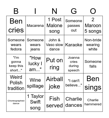 Ben's Wedding Bingo Card
