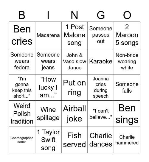 Ben's Wedding Bingo Card