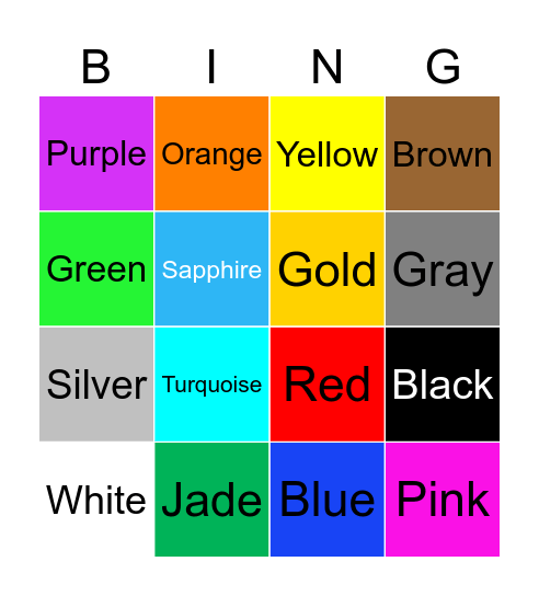 Colors Bingo Name Bingo Card