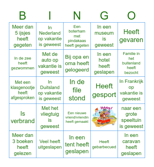 Zoek iemand die in de vakantie Bingo Card