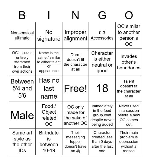 Combat Noob OC Bingo Card