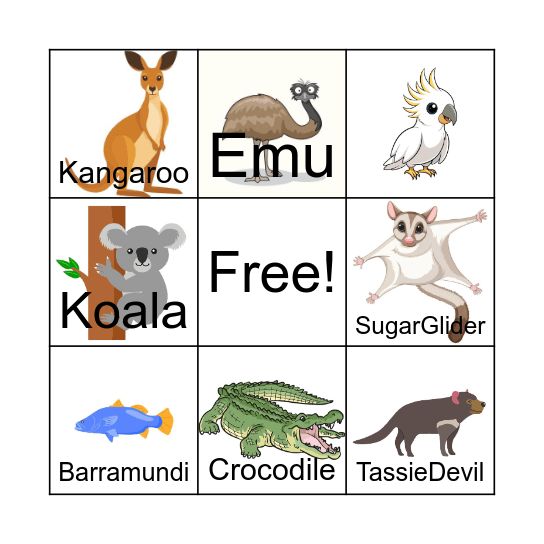 Australian Animal Bingo Card