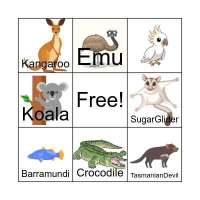 Australian Animals Bingo Card