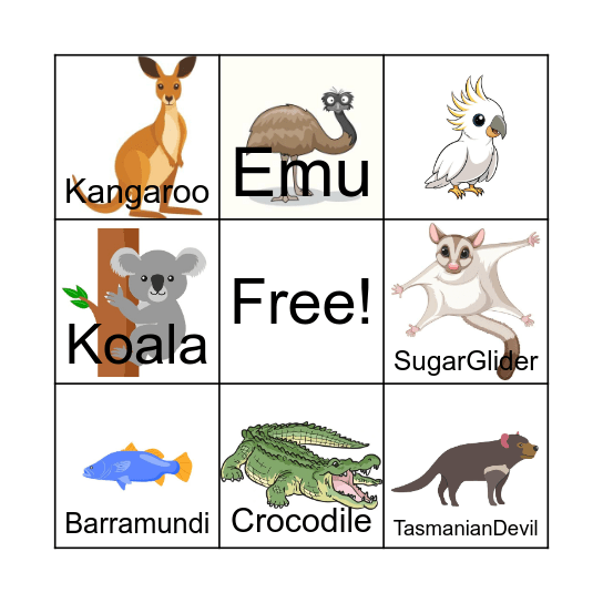 Australian Animals Bingo Card