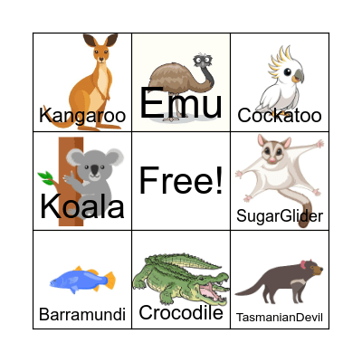 Australian Animal Bingo Card