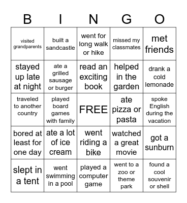 Summer Holidays Bingo Card